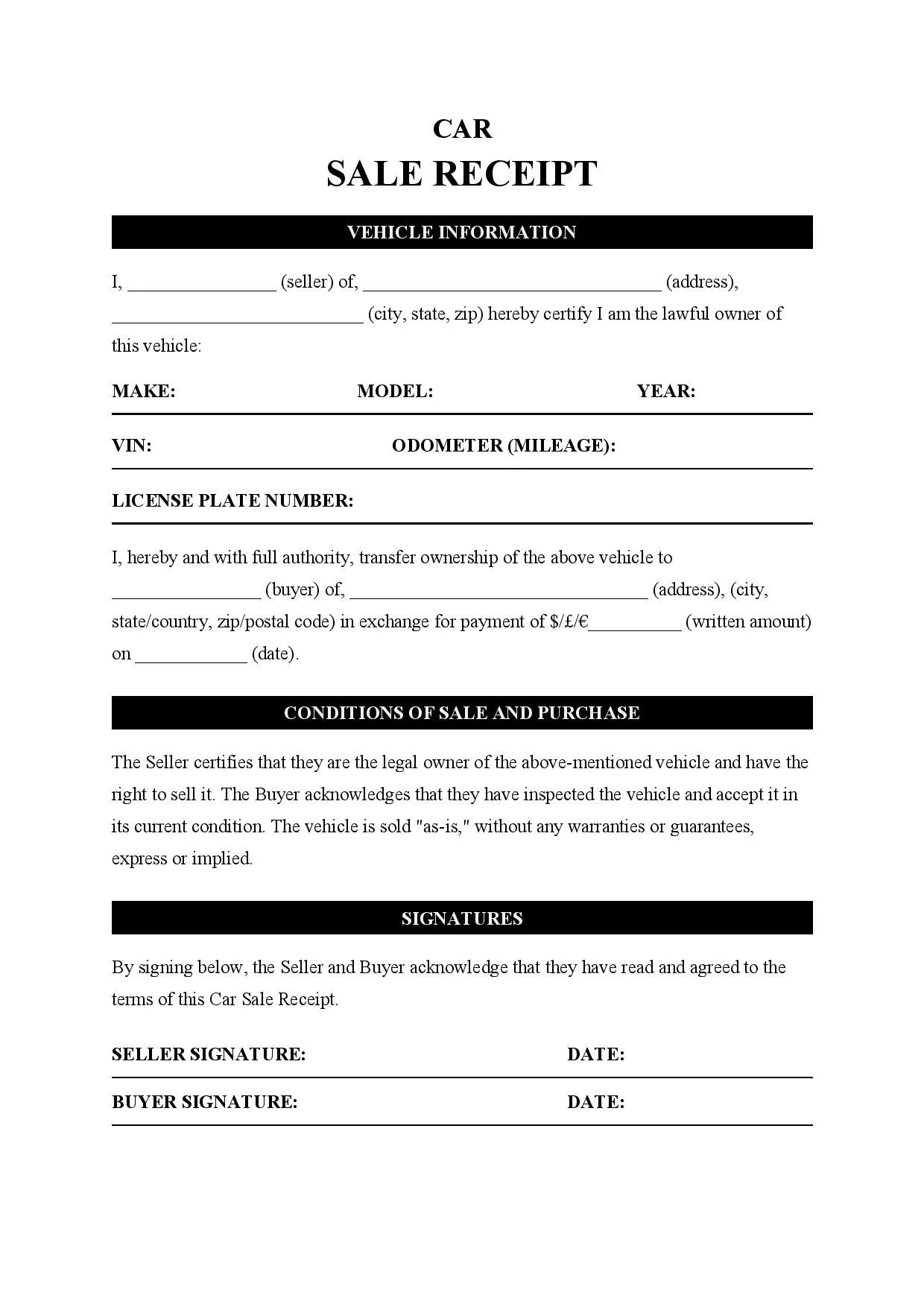 printable bill of sale for used vehicle