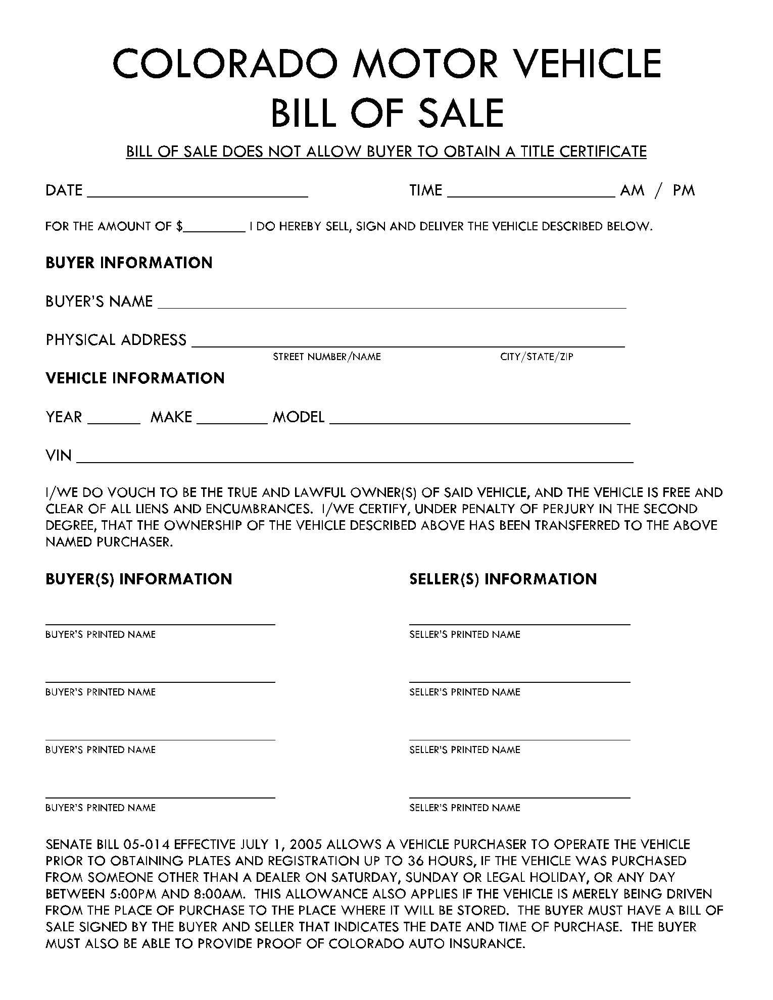 printable bill of sale for used vehicle