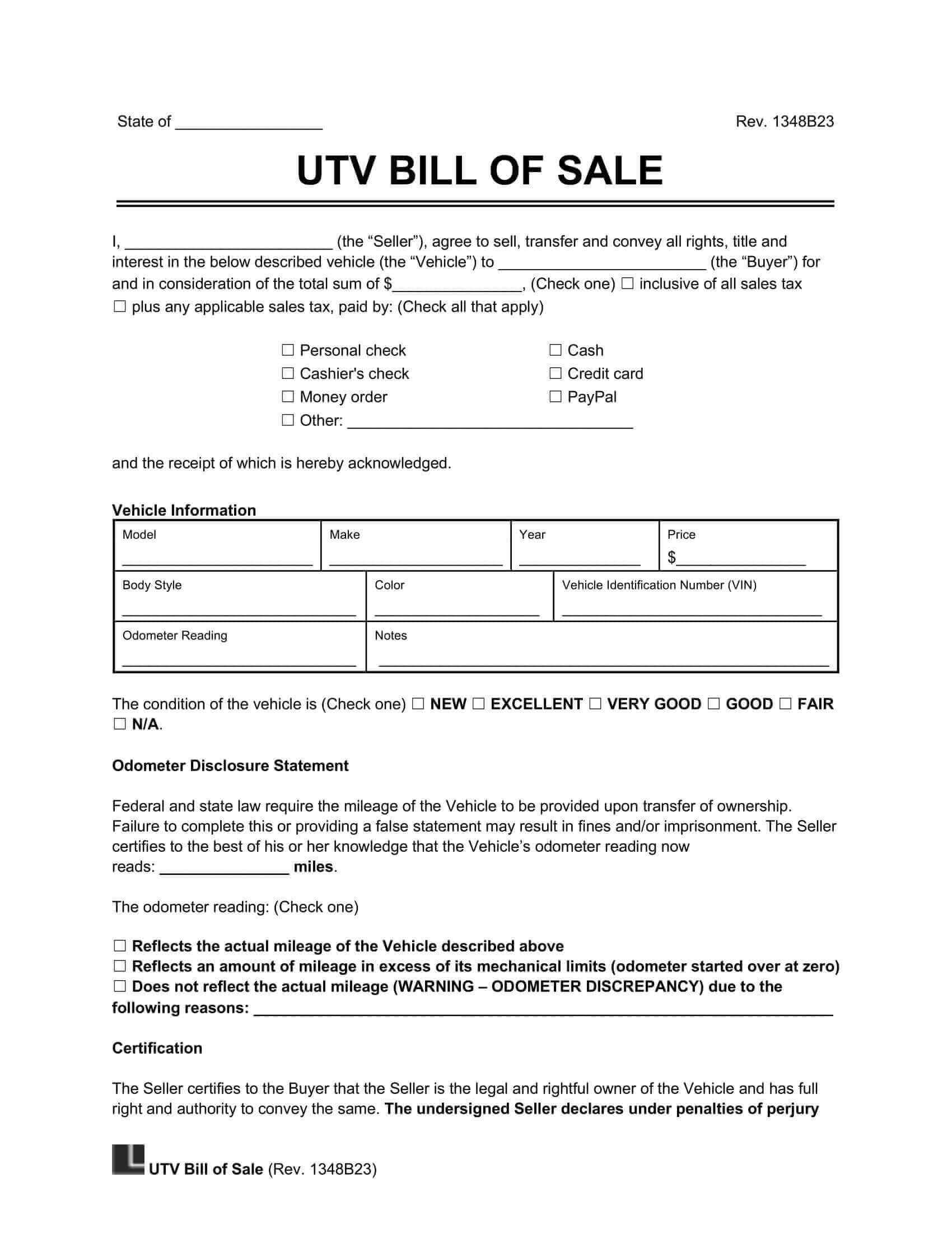 printable bill of sale for utv