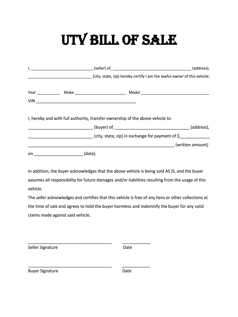 printable bill of sale for utv