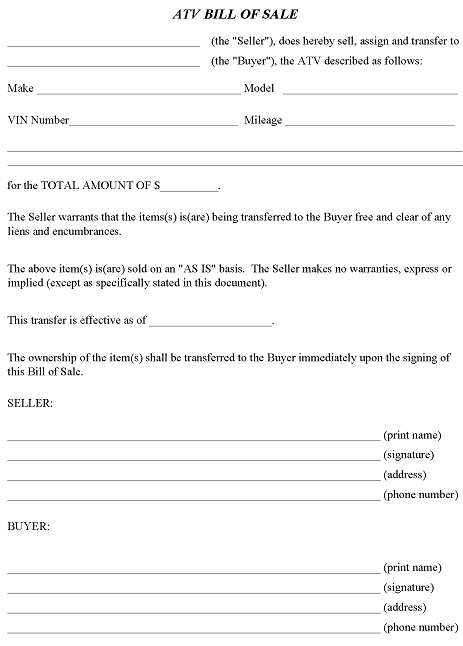 Free Printable Illinois ATV Bill of Sale PDF &amp; Word