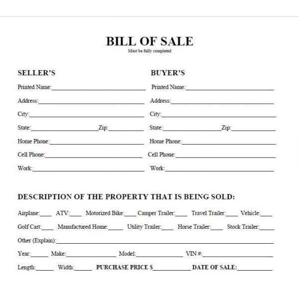 printable bill of sale for utv