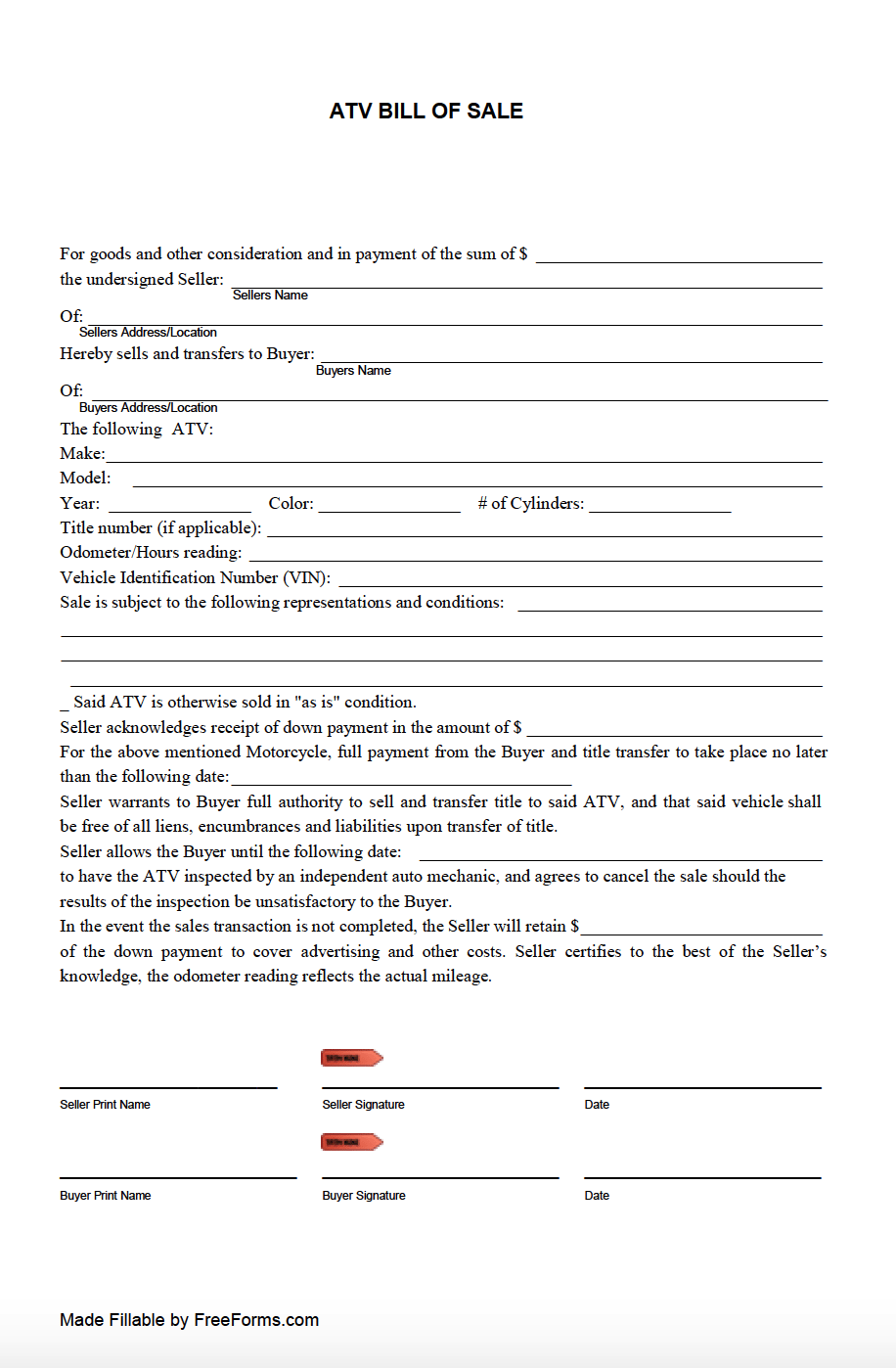 printable bill of sale for utv