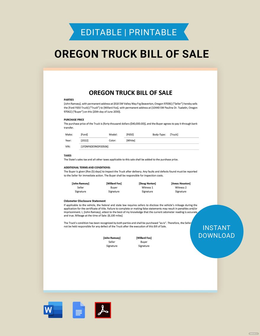 printable bill of sale oregon