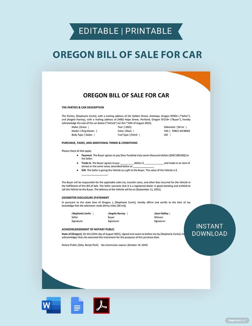 printable bill of sale oregon