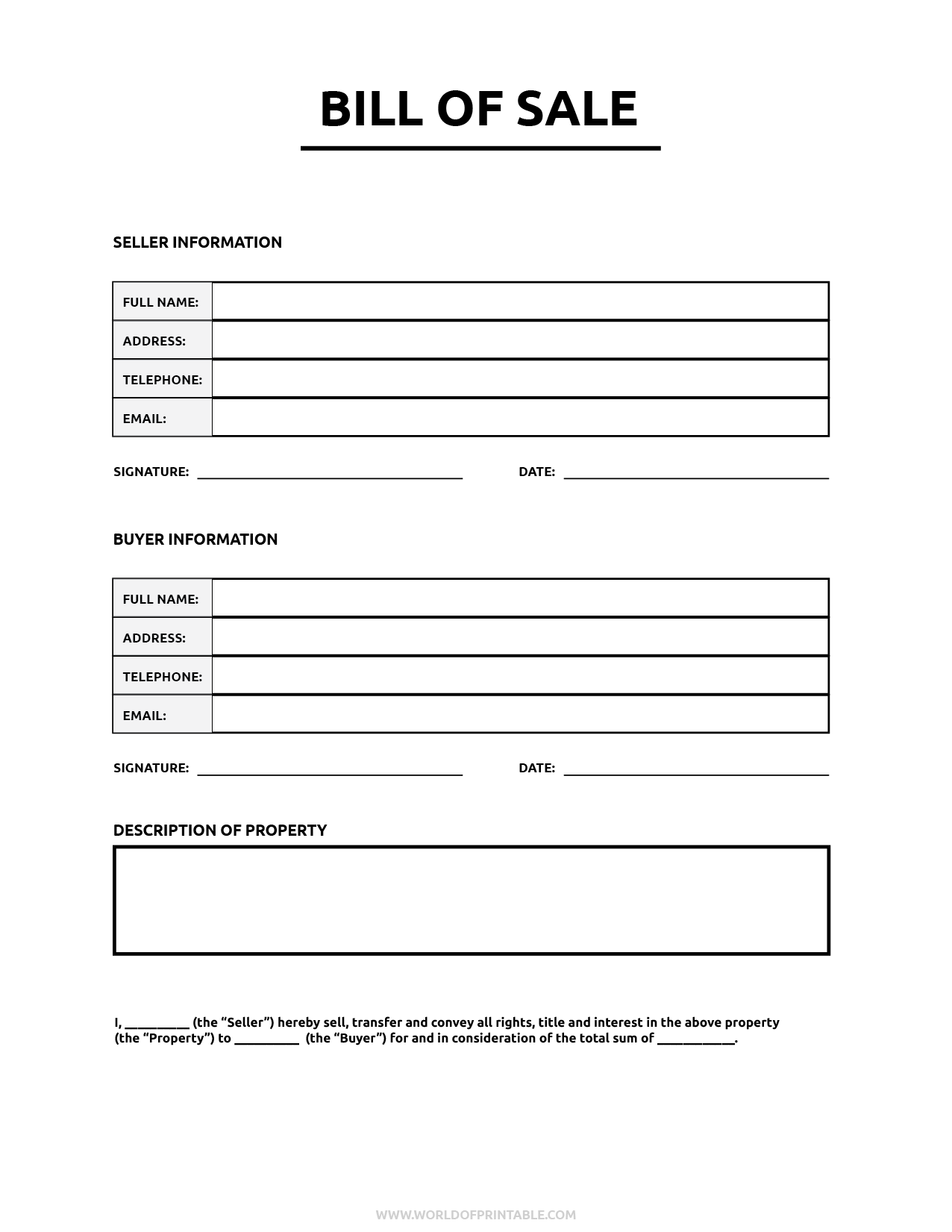 Printable Bill of Sale World of Printables Worksheets Library