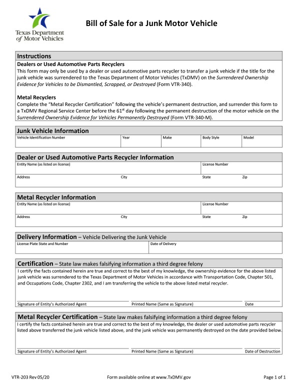 printable bill of sale texas
