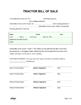 Free Tractor Bill of Sale Form | PDF | Word