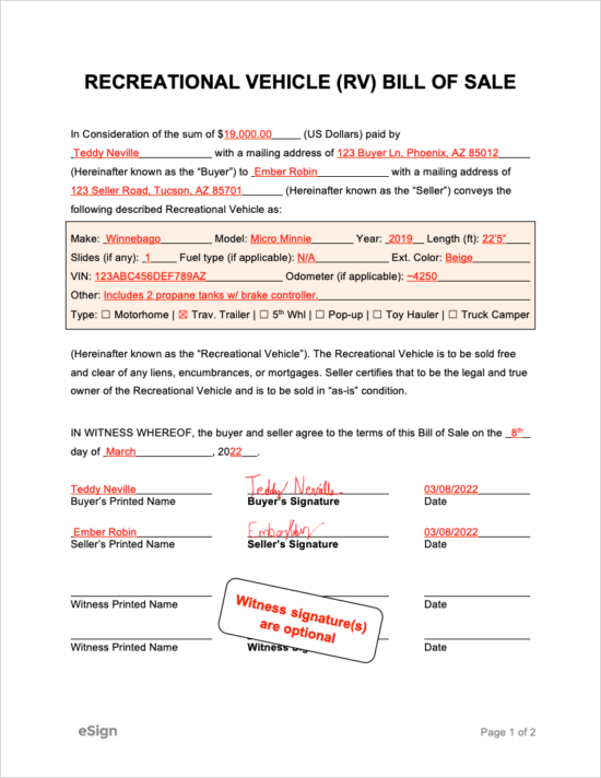 printable bill of sale travel trailer