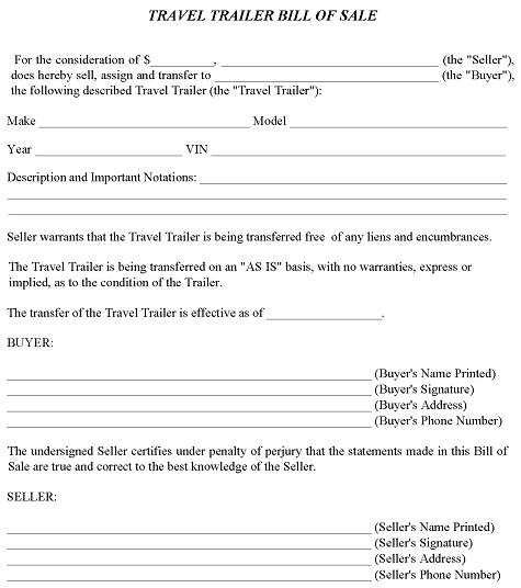 printable bill of sale travel trailer