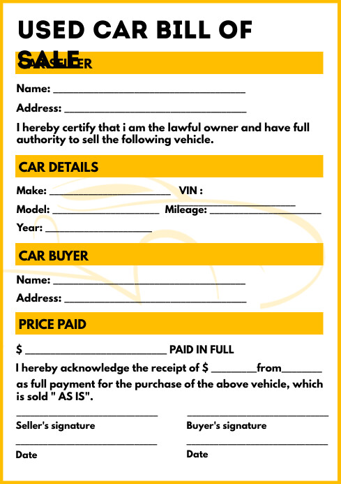 printable bill of sale used car