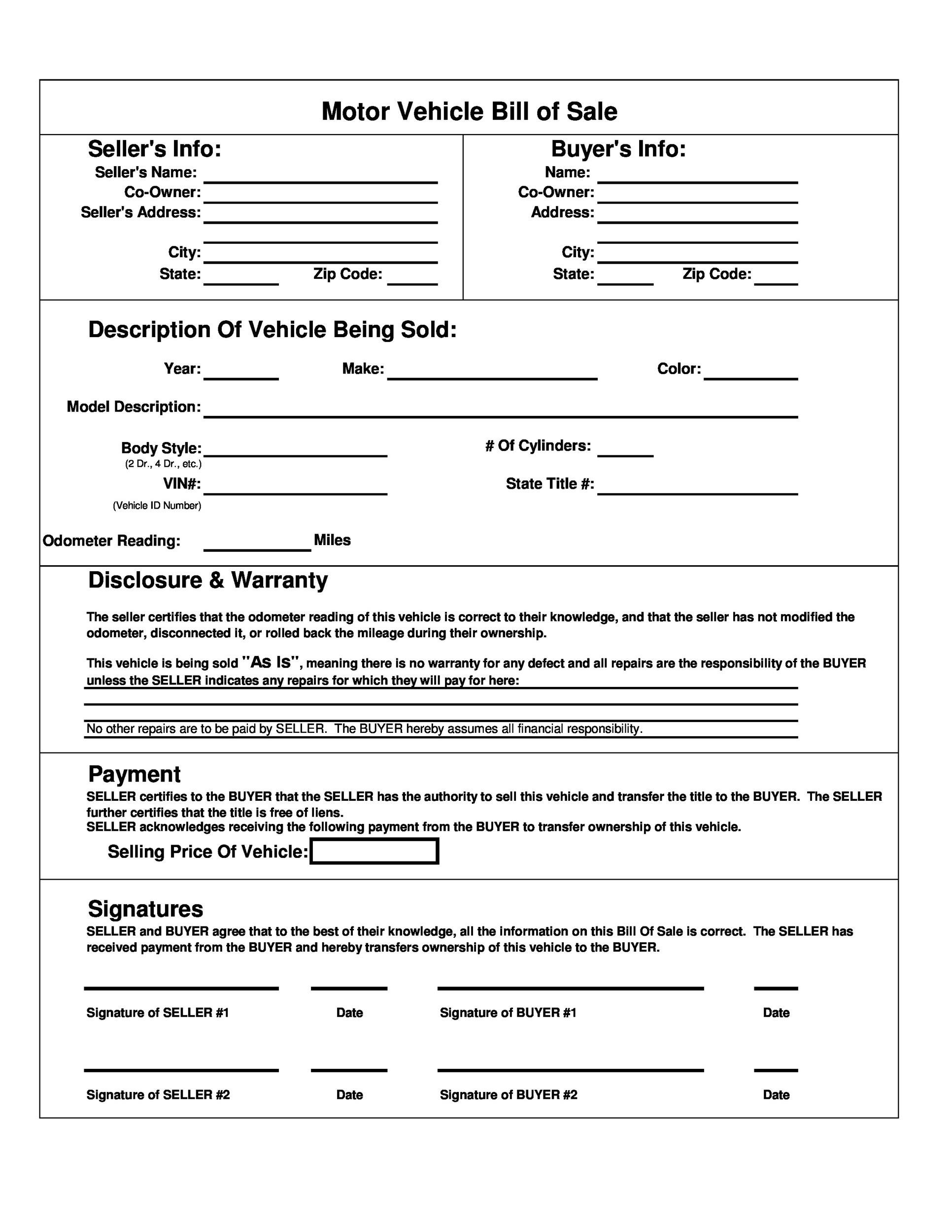 printable bill of sale used car