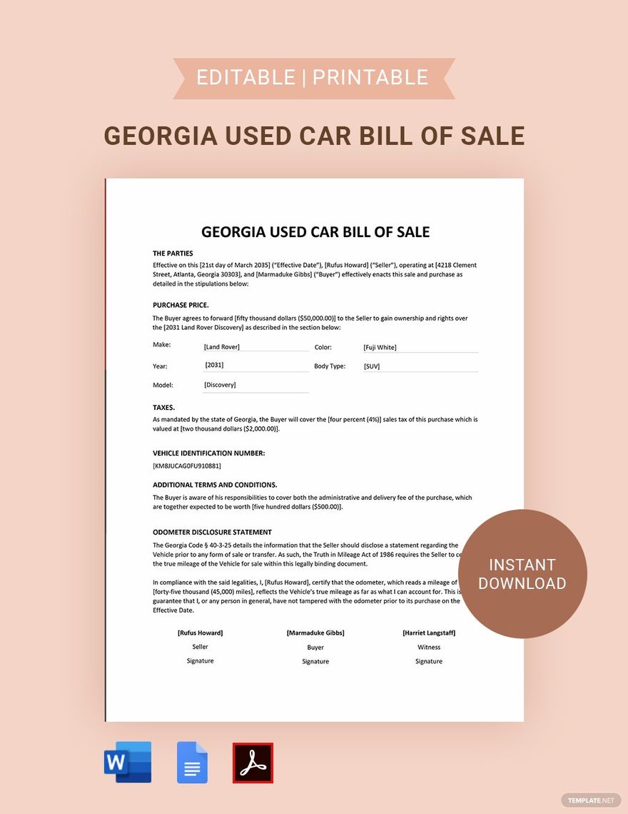 printable bill of sale used car