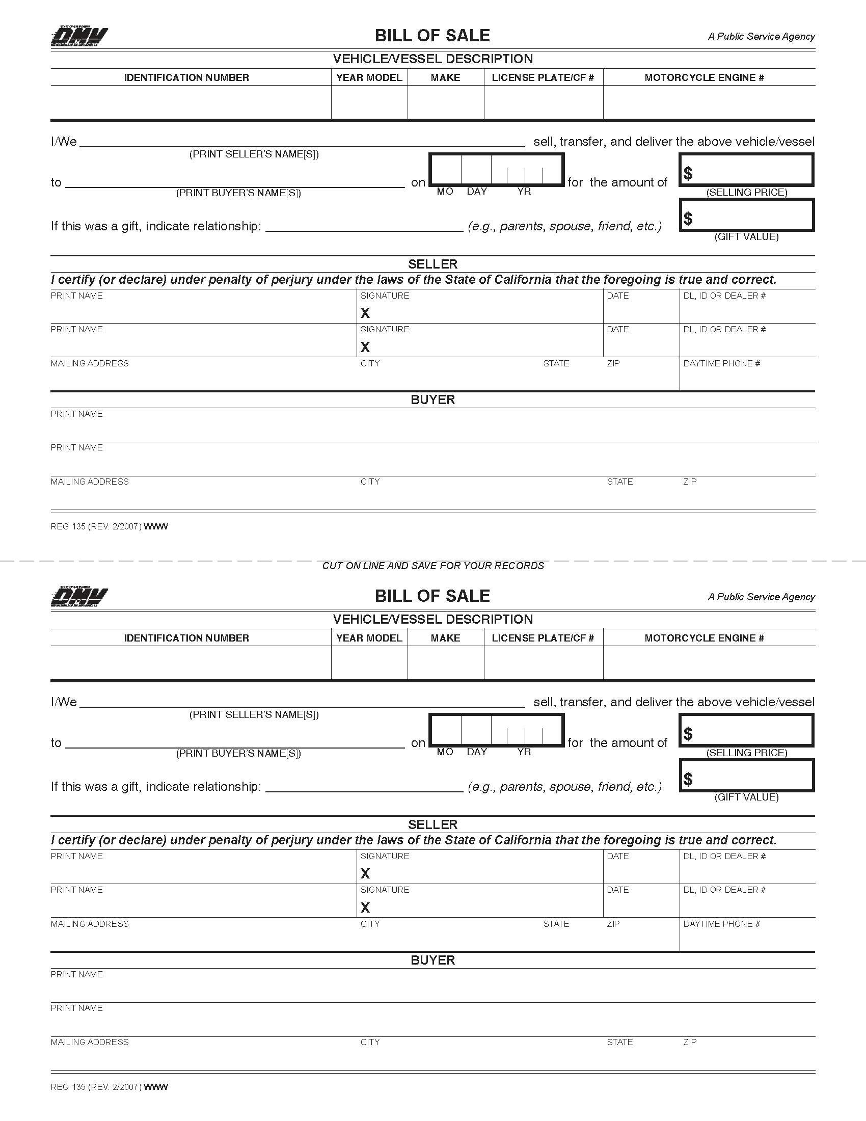 Free California Motor Vehicle Bill of Sale Form | PDF