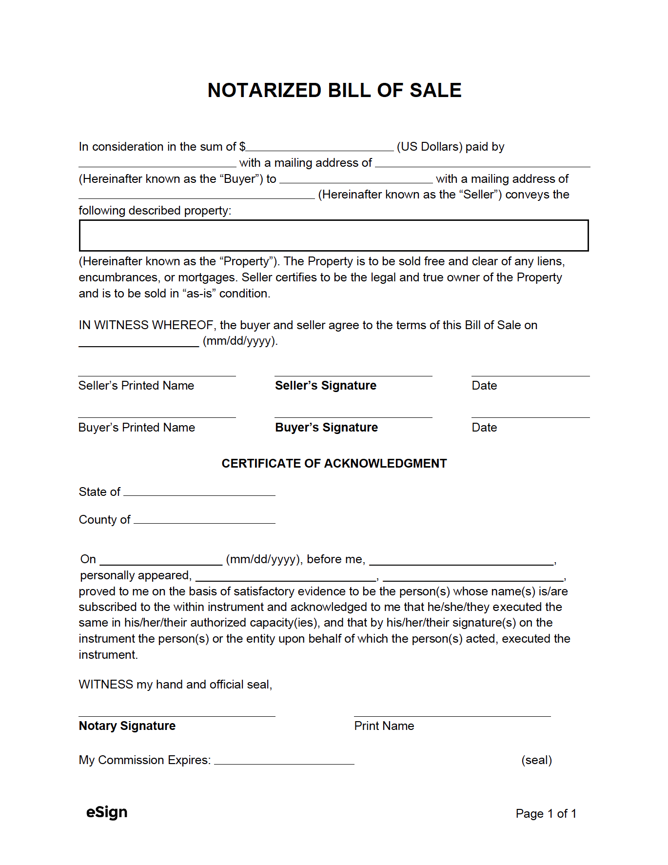 printable bill of sale with notary