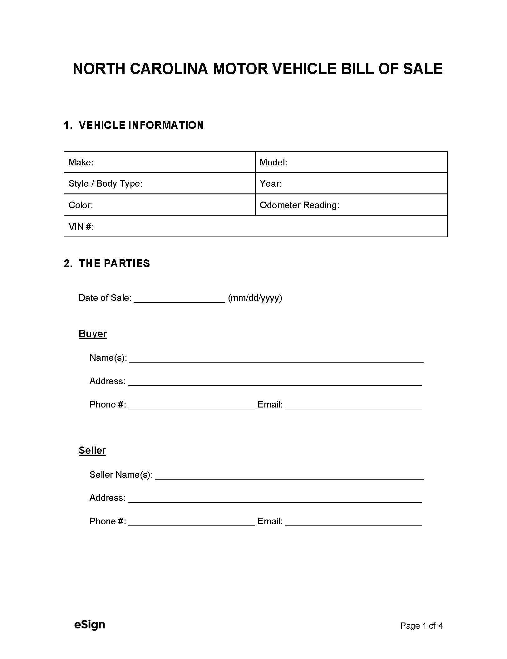 Free North Carolina Bill of Sale Forms | PDF | Word