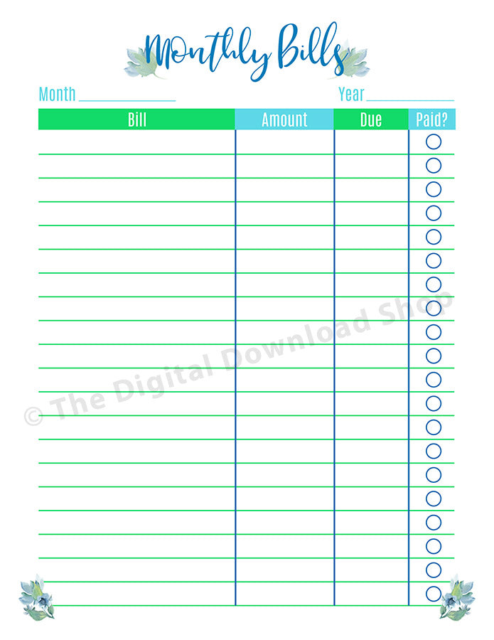Monthly Bill Tracker Printable- Floral | The Digital Download Shop