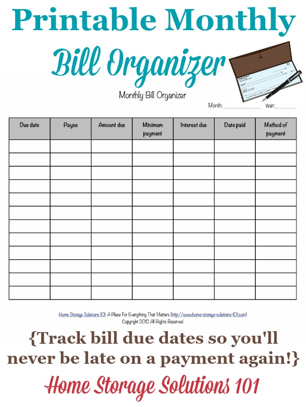 printable bill organizer monthly