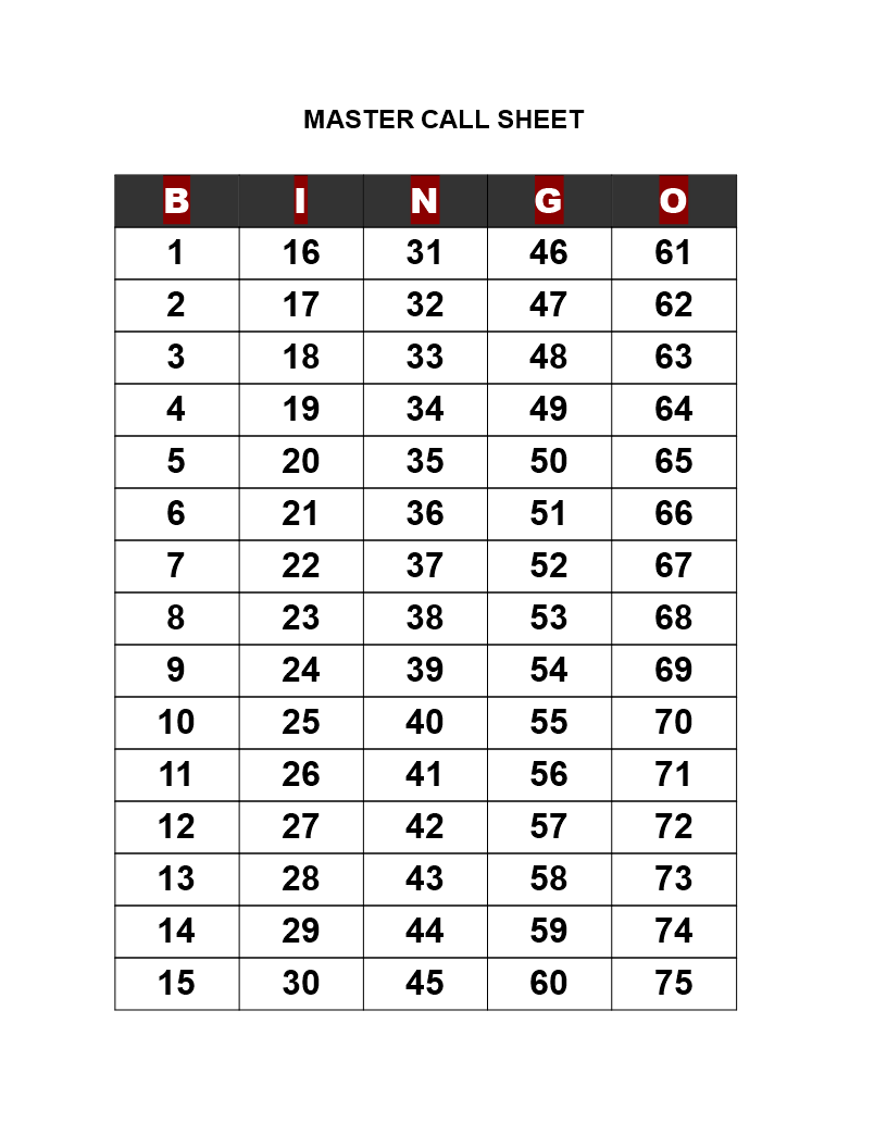 Bingo Call Sheet | Templates at allbusinesstemplates.com