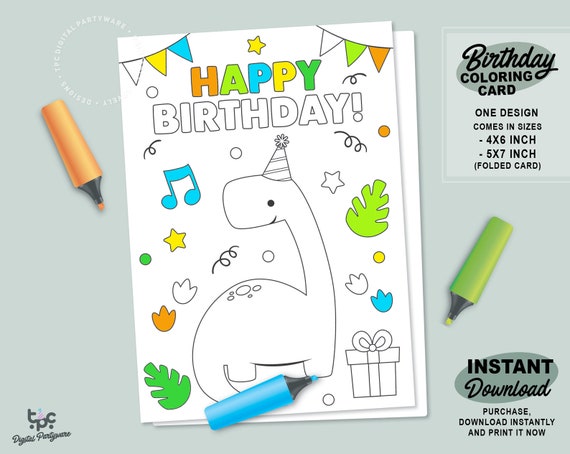 Birthday Coloring Card Printable Dinosaur Party Card Coloring ...