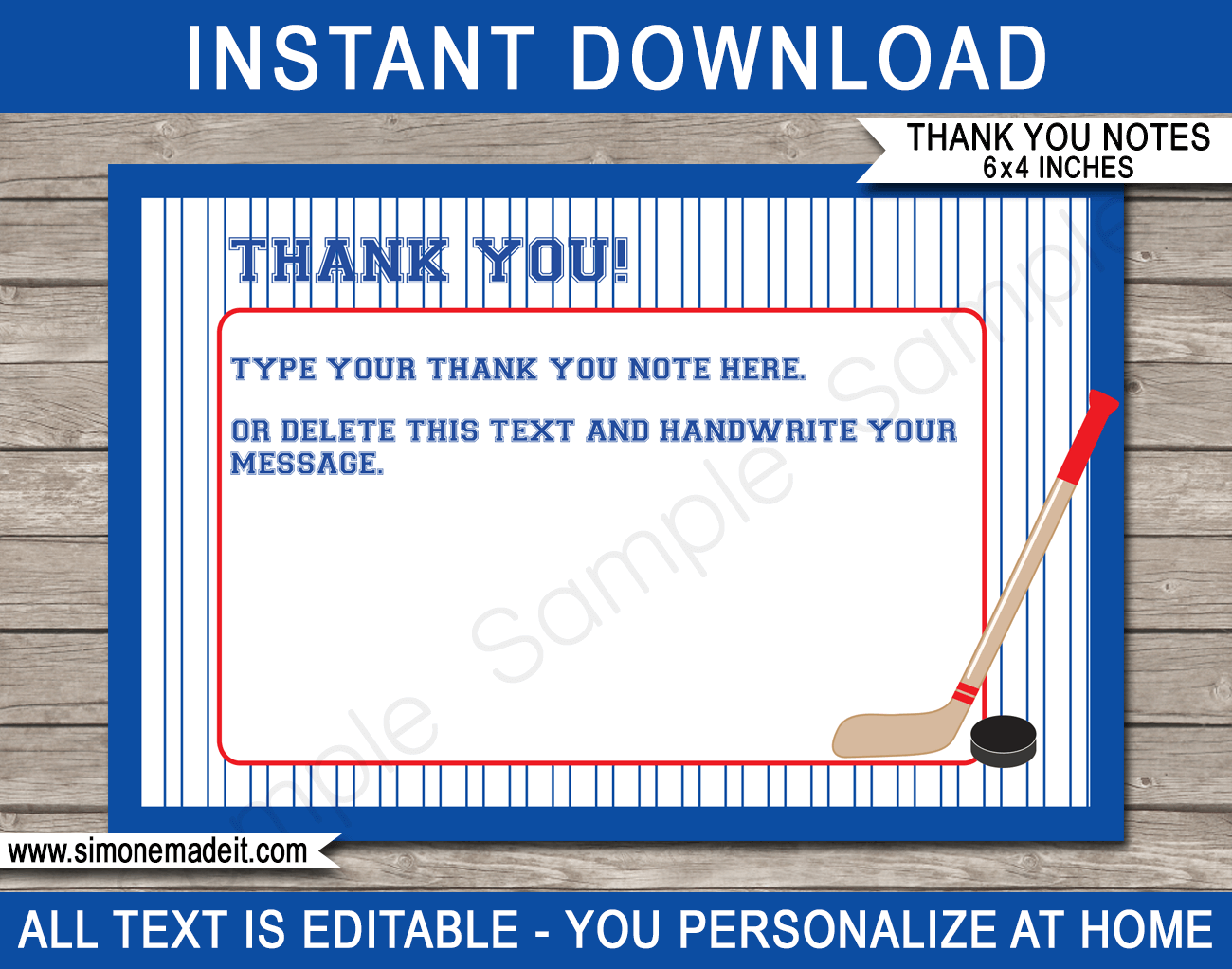 Hockey Party Thank You Cards template - red/blue