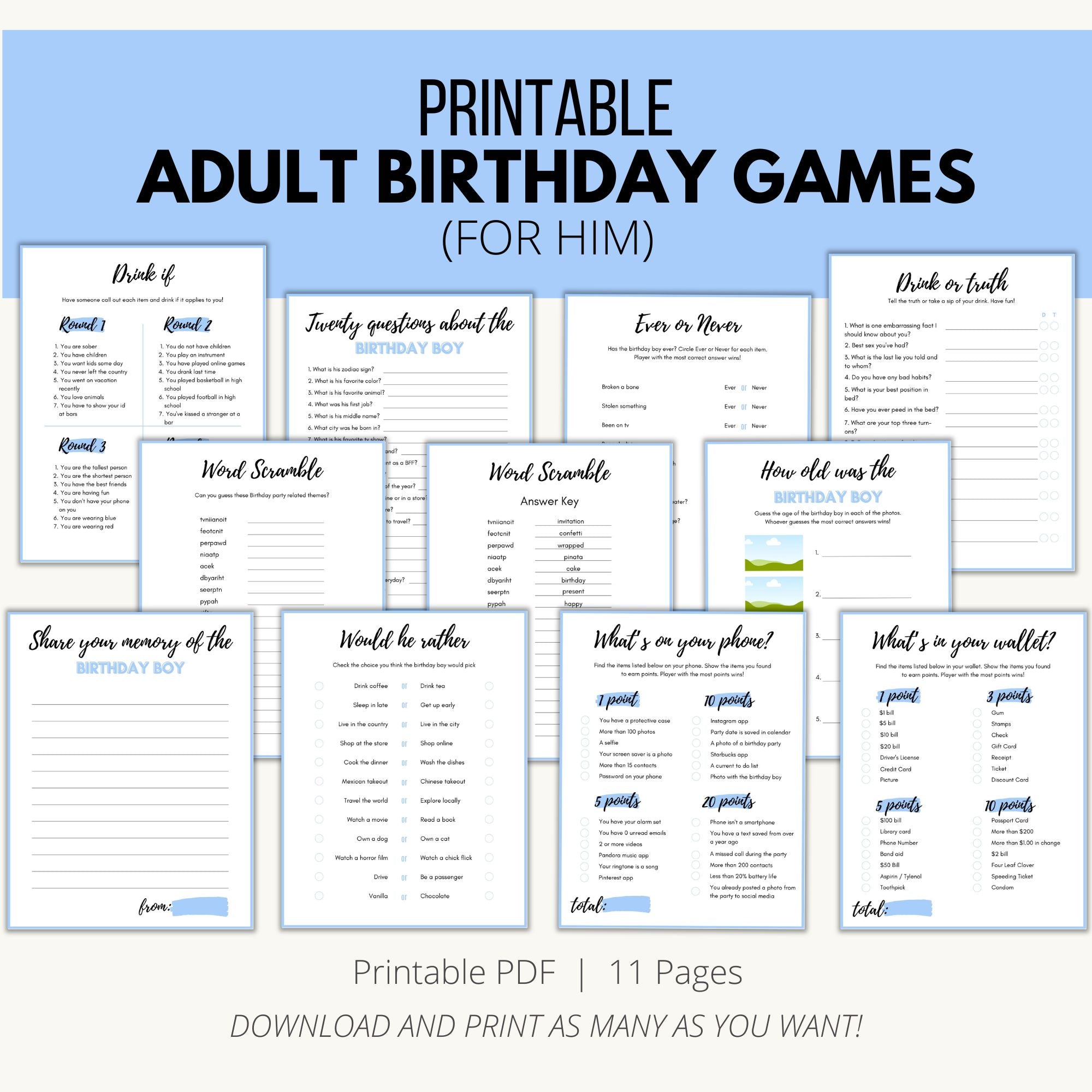 Printable Birthday Games for Adults (for Him)