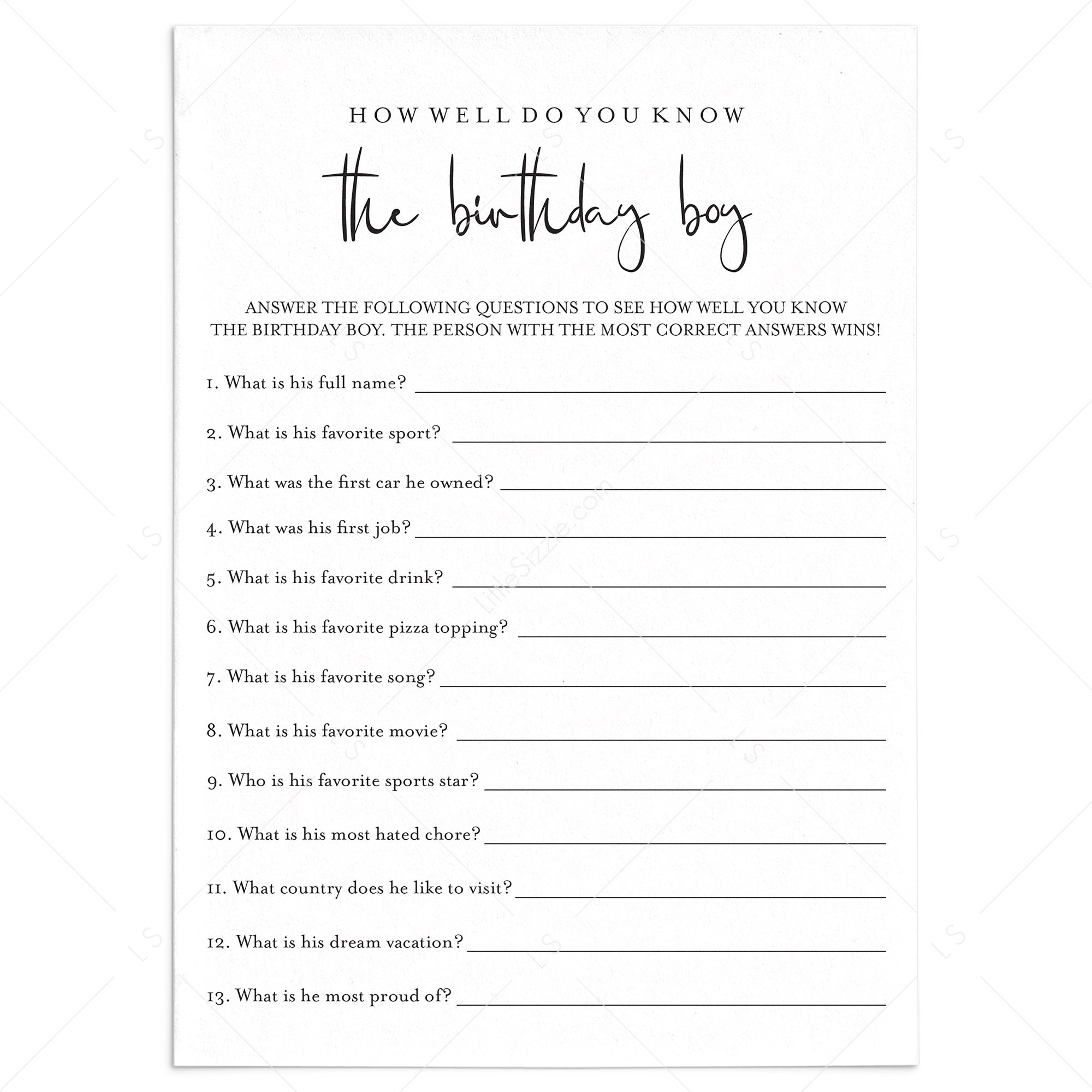 How Well Do You Know The Birthday Boy Printable | Adult Birthday Games
