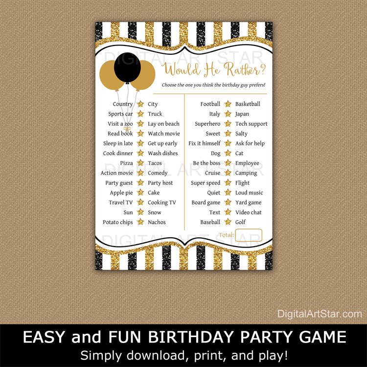 Black and Gold Printable Birthday Game for Adults Would He Rather ...