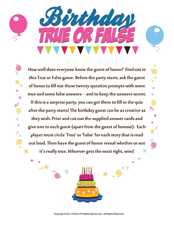 Birthday True or False - Printable Games