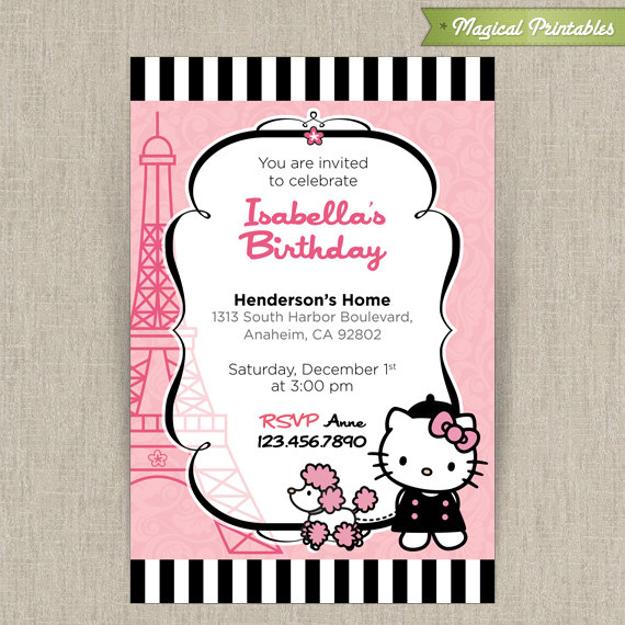 Hello Kitty with French Poodle Paris Customizable Printable Party  Invitation - Pink and Black stripes