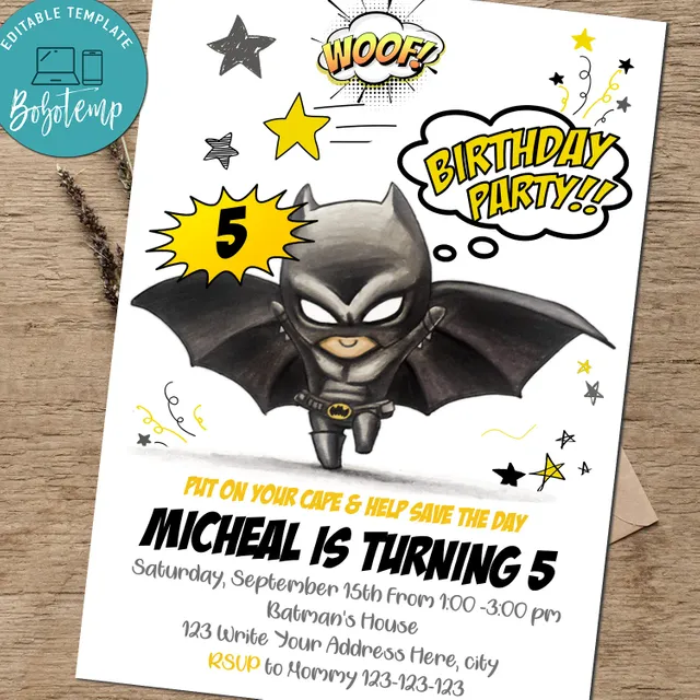 Superhero Boy Birthday Invitation Batman party Invite Printable ...