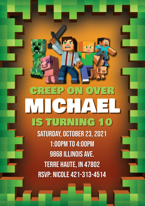 Brown and Green Minecraft Birthday Invitation Template | PosterMyWall