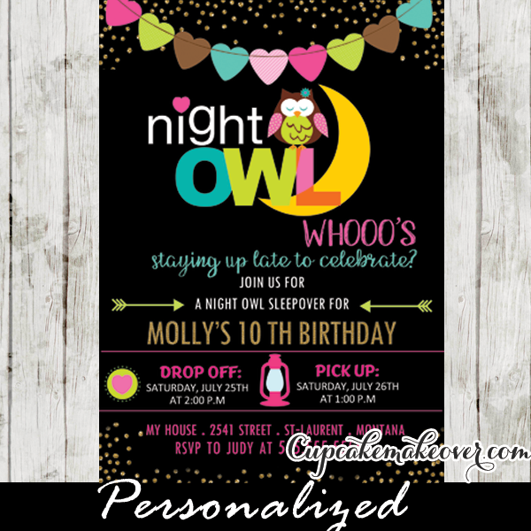 Sleepover Birthday Invitations, Night Owl Girls Slumber Party ...