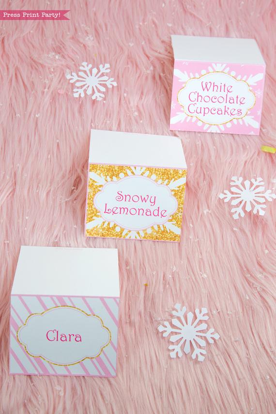 Christmas Place Cards Snowflakes (Pink &  Gold) - Press Print Party!