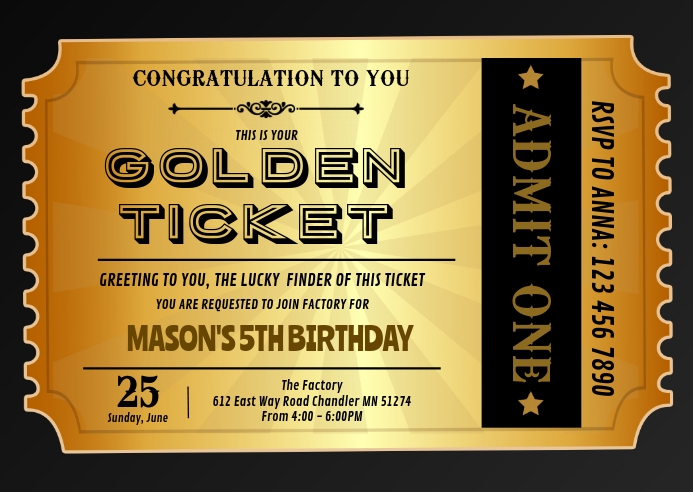 Golden ticket birthday invitation Template | PosterMyWall