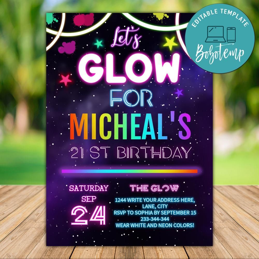 Printable Neon Glow In The Dark 21st Birthday Invitation DIY ...