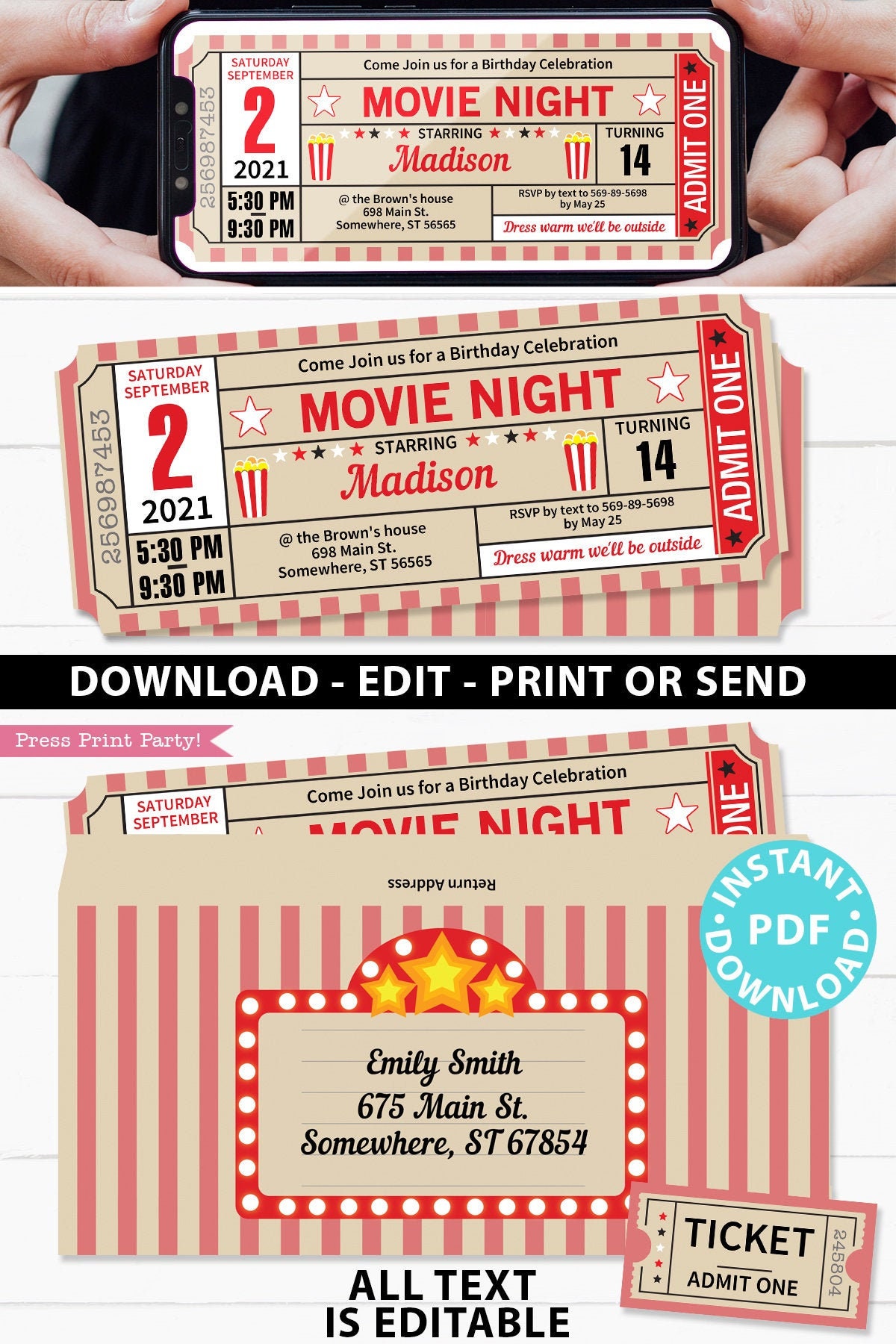 Movie Night Invitation Printables RED Vintage Ticket, Movie Ticket ...