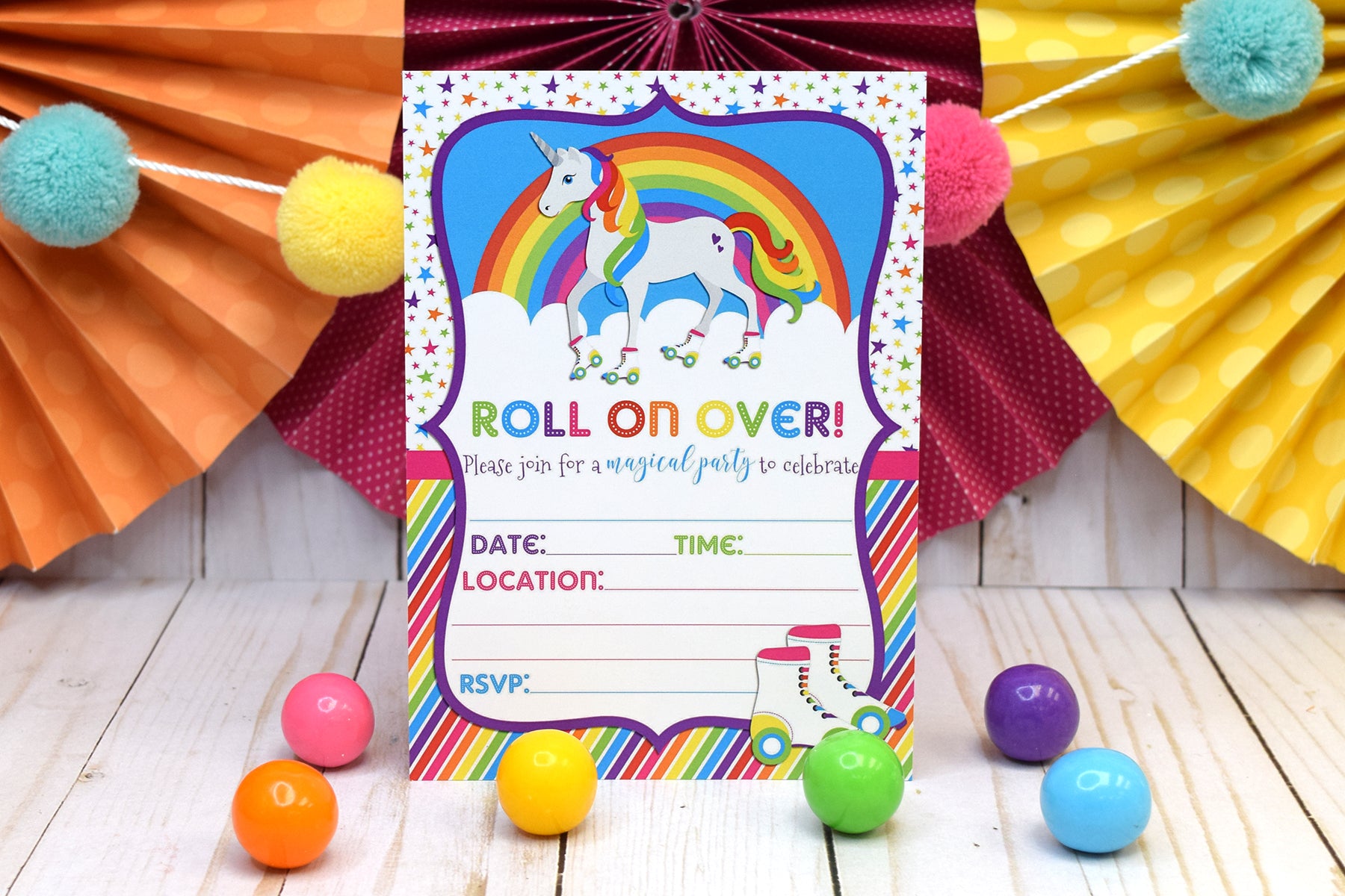 Colorful Unicorn Rainbow Roller Skating Birthday Party Invitations ...