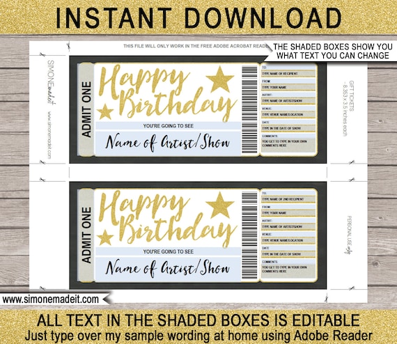 Printable Concert Ticket Template Birthday Gift Voucher Surprise ...