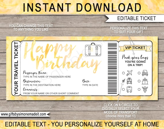 Birthday Travel Ticket Printable Boarding Pass Template DIY Coupon ...