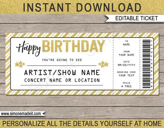 Concert Ticket Birthday Gift Printable Template - Surprise Concert ...