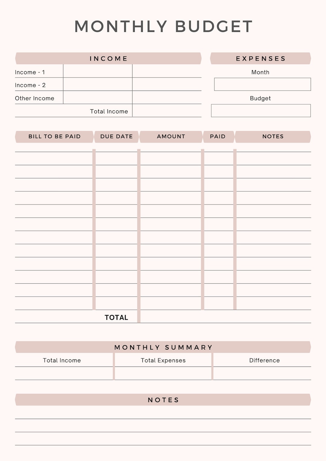 Printable Monthly Budget Planner Sheet, Monthly Income &  Expense ...