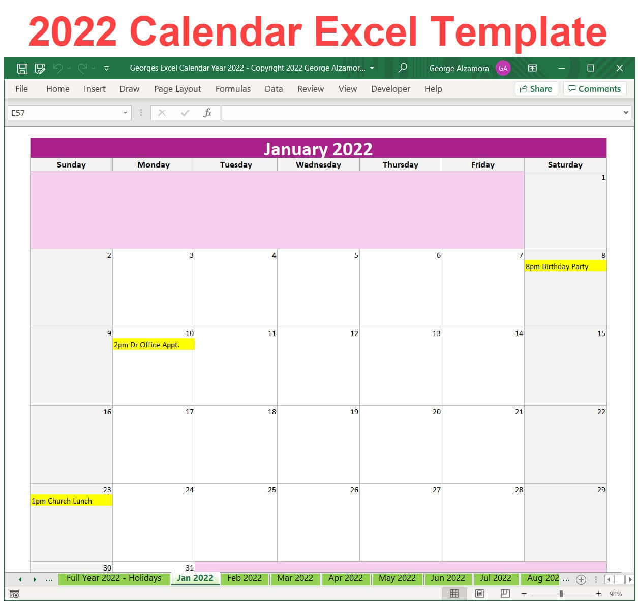 2022 Excel Calendar Planner Template Monthly Yearly Printable ...