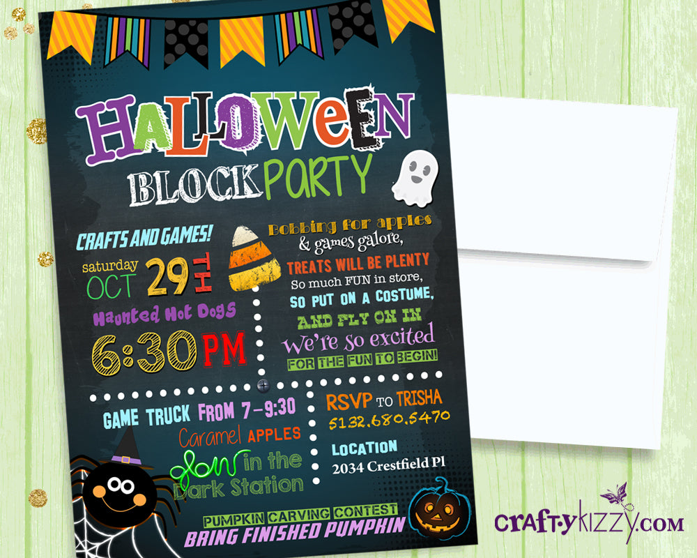 Childrens Halloween Block Party Invitation - Halloween Neighborhood Party  Invitations - Costume Party Flyer - Street Party Invite