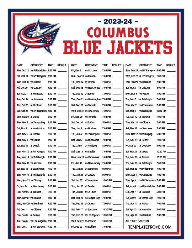 Printable 2023-2024 Columbus Blue Jackets Schedule