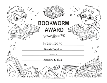Bookworm Award Black and White Printable Certificate