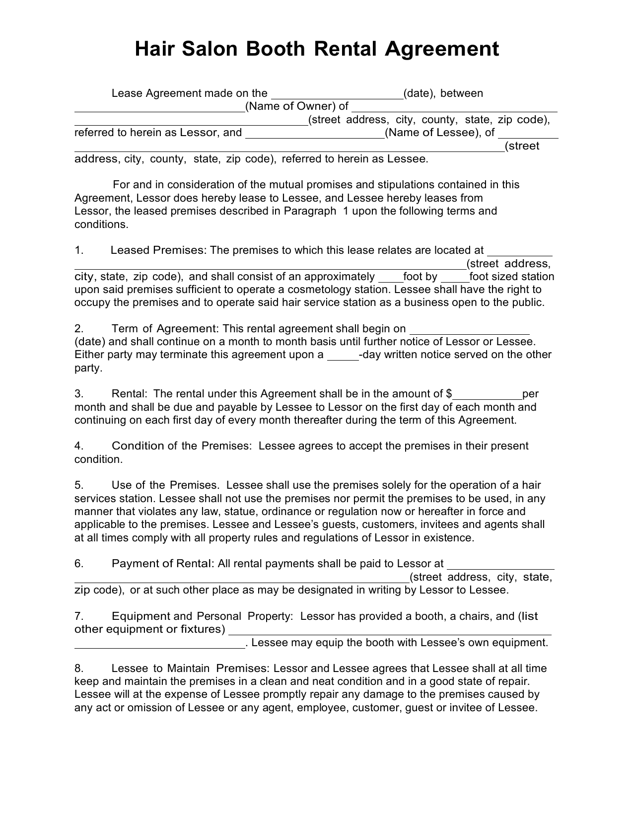 printable booth rental agreement