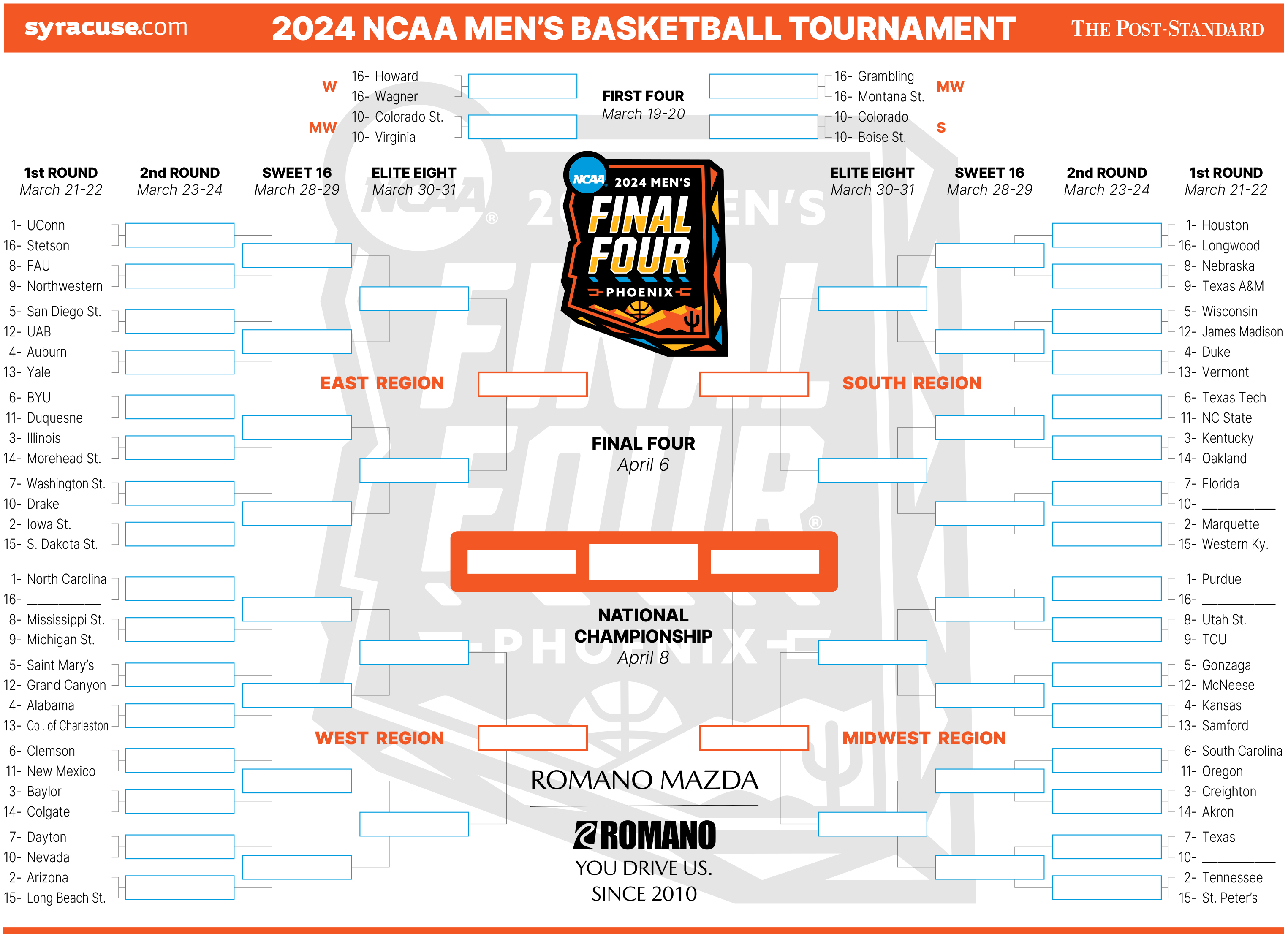 NCAA bracket 2024: Tournament field set; print your mens ...