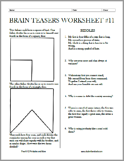 Brain Teasers Worksheet No. 11 | Student Handouts