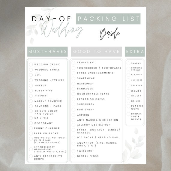 Wedding Packing List Printable Template Day-of Checklist for the ...